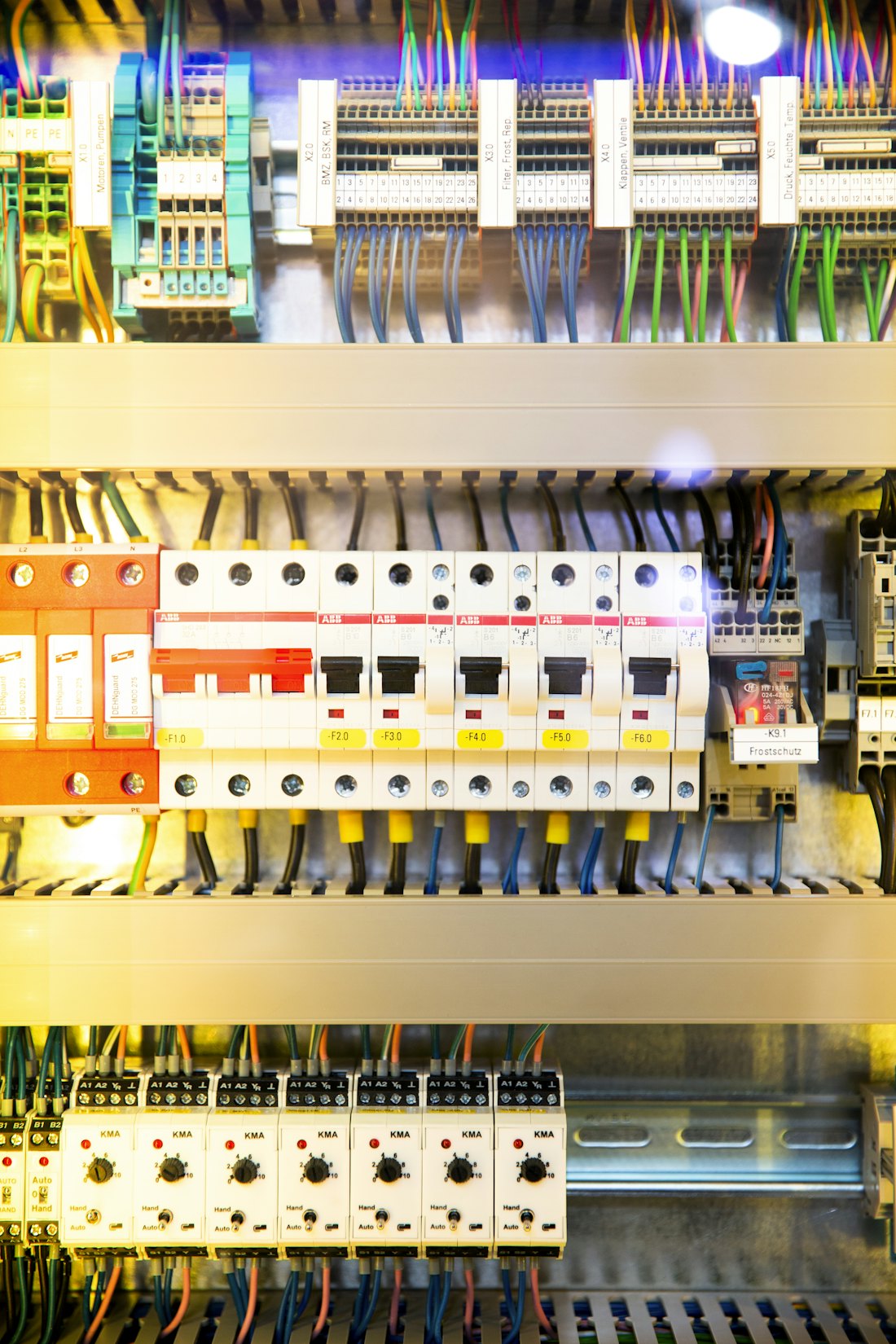 An electrical distribution board with breakers